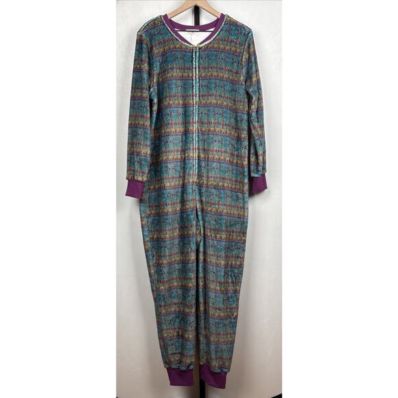 Natural Life Fleece Onesie Pajamas Sz Medium Green Fair Isle Cozy Soft Relaxed - Picture 1 of 8